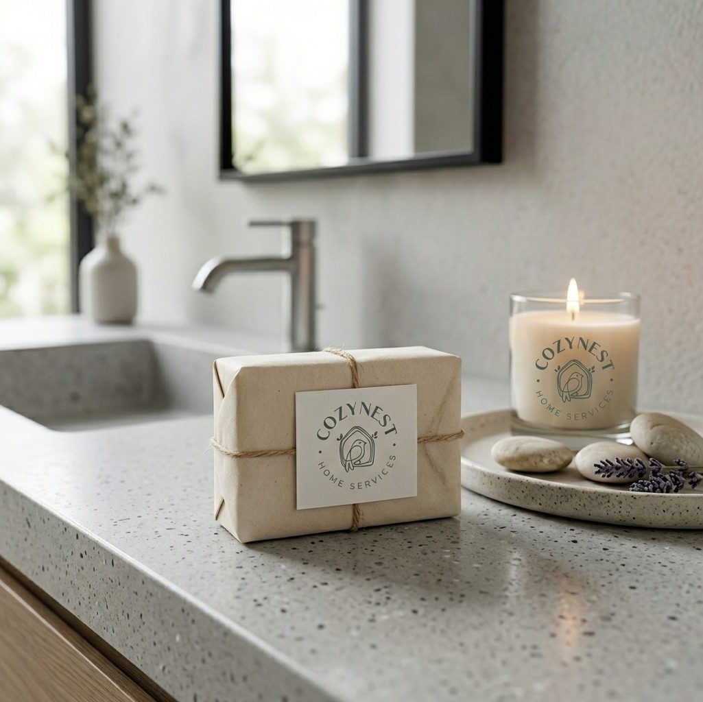Spotless bathroom counter with CozyNest soap and candle