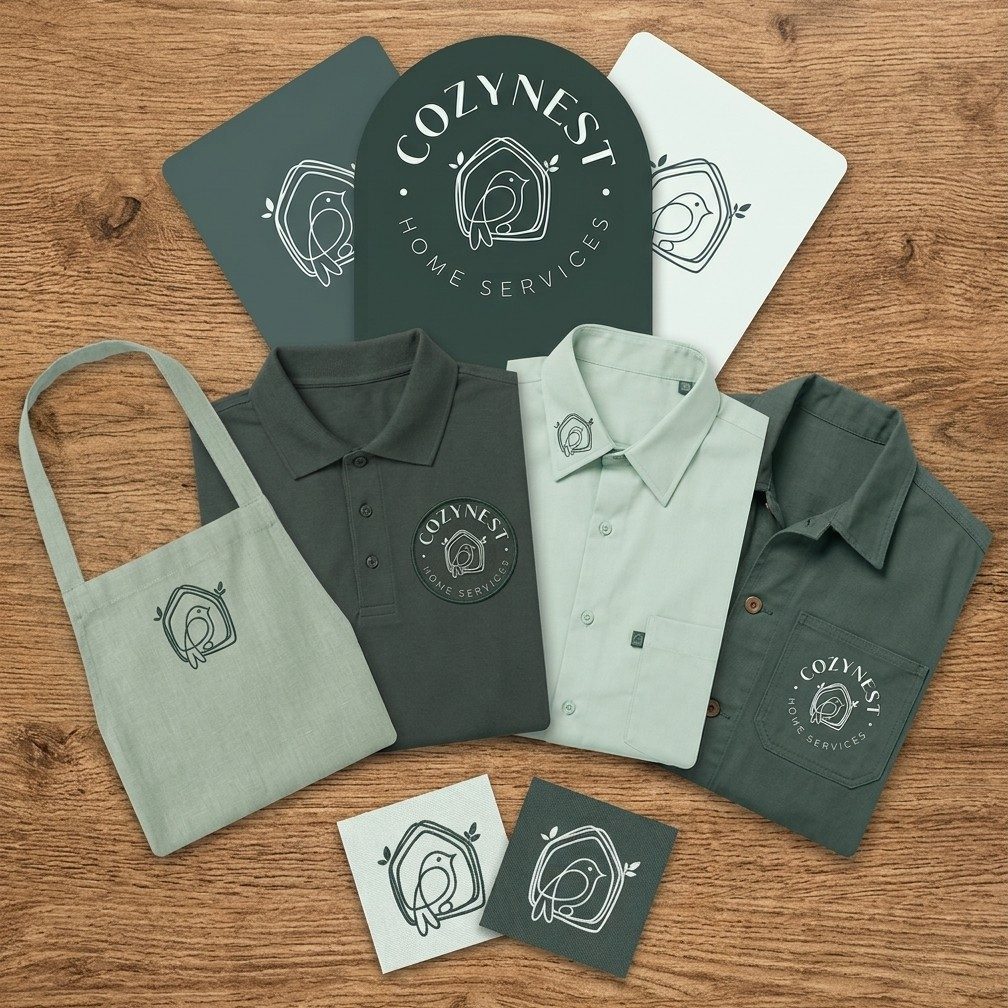 CozyNest uniforms, bags and branded details
